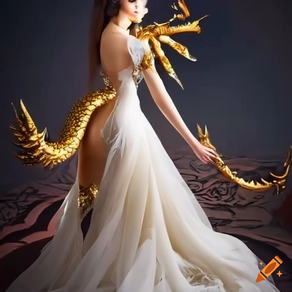 Woman in a white dress with a golden dragon design, adorned with hair  jewelry on Craiyon