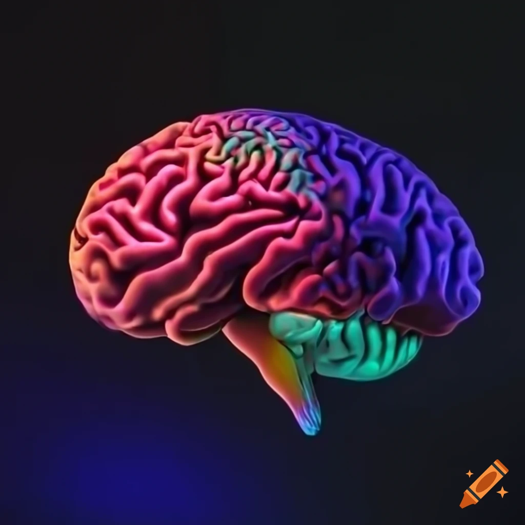 Neon brain in monochrome 3D with additional details from a side view