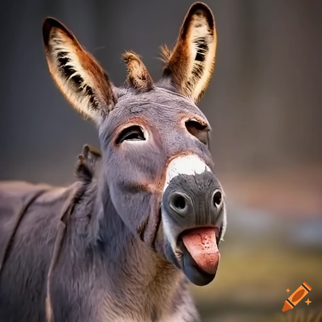 Jovial donkey with a tiny mouse perched on its back