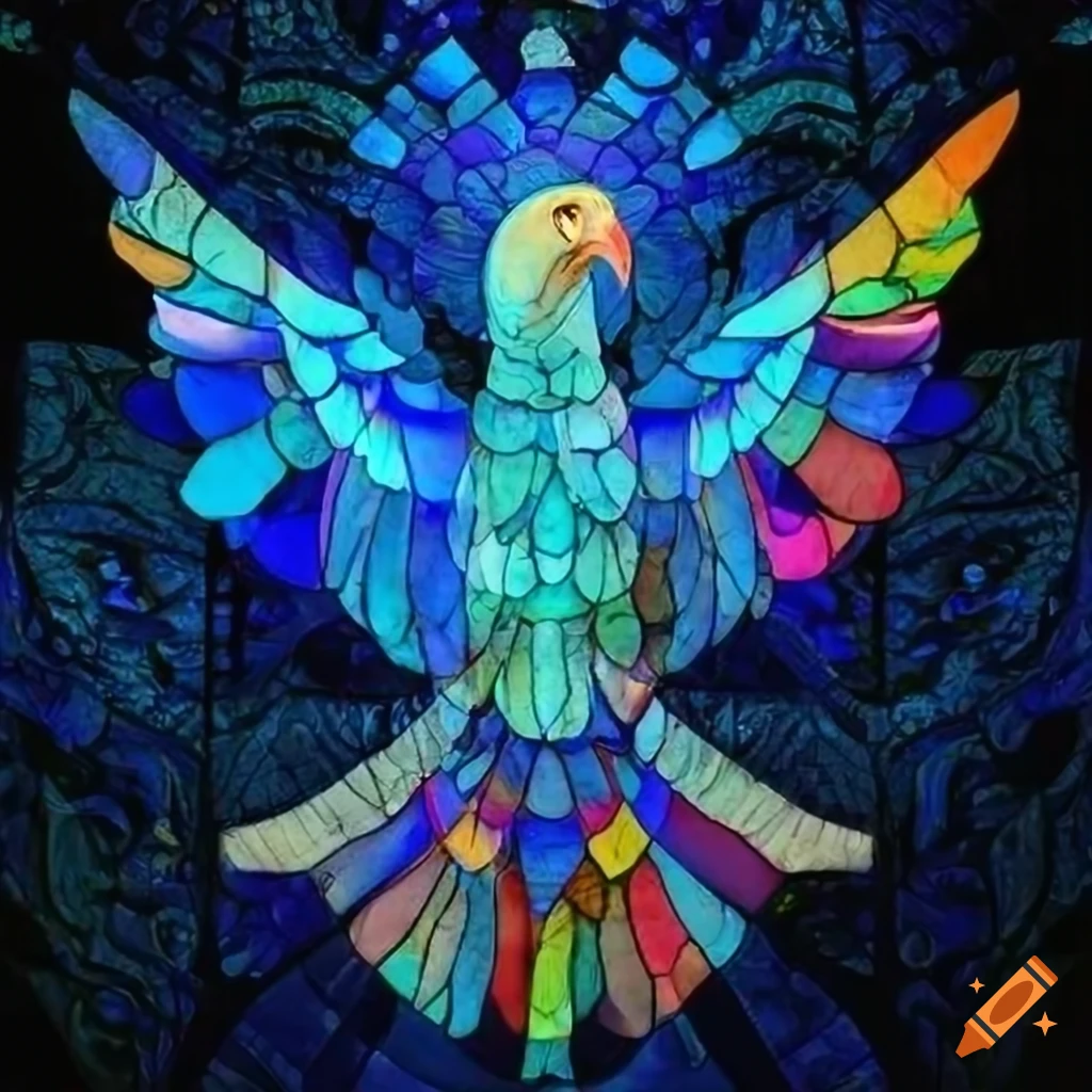 Intricately designed stained glass eagle with holographic blue effects