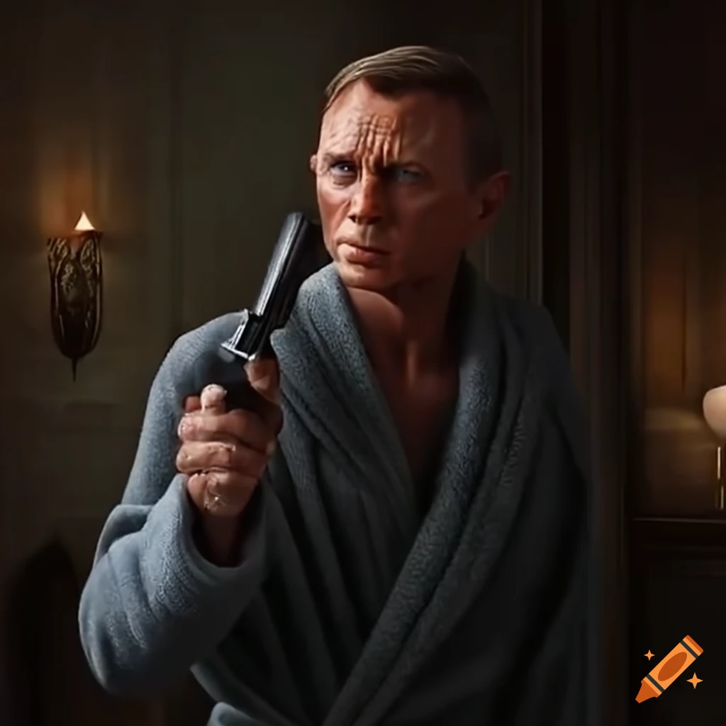 James Bond holding a gun in a bathrobe in HD realistic portrayal