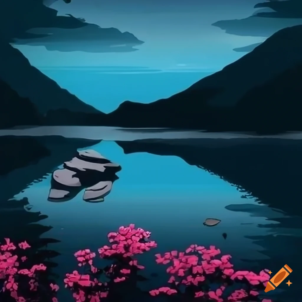 Japanese Cherry Trees by Saltwater Mountain Lake with pink blossoms reflecting in water