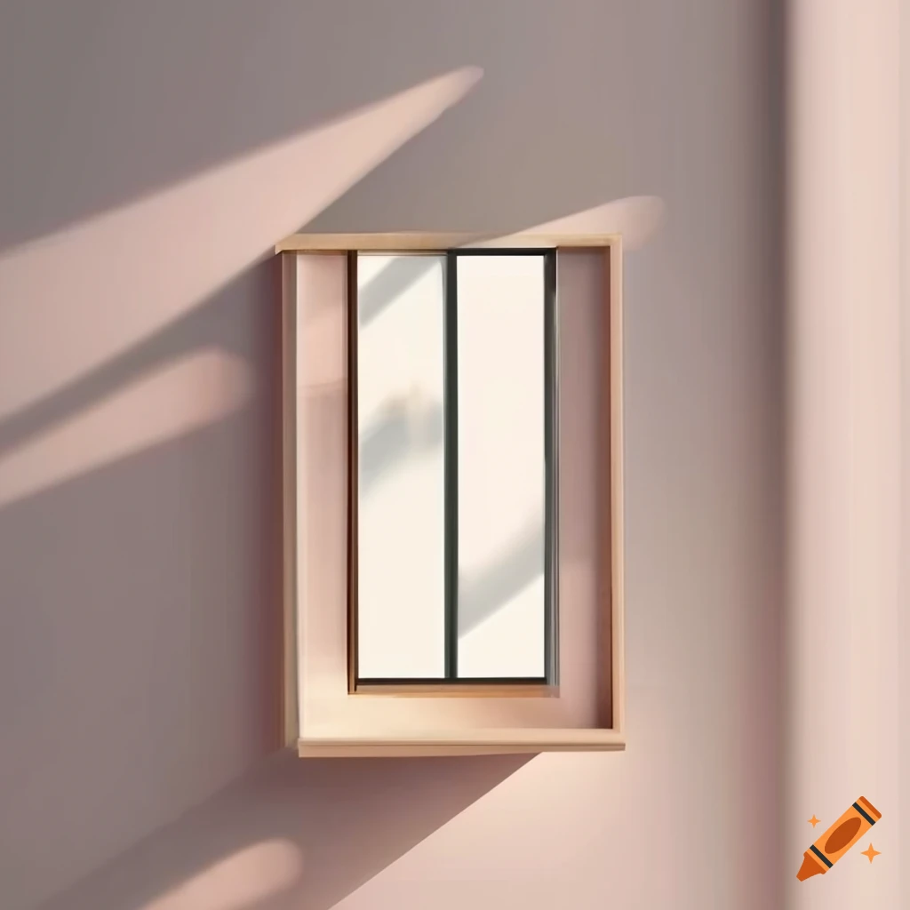 Shaped frame with illusion of light and neutral geometric art setup with curtain and plant
