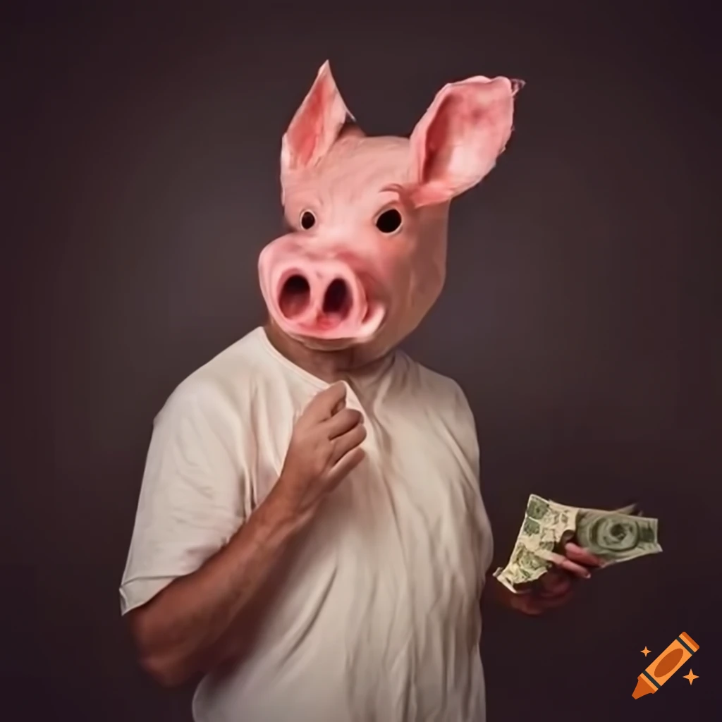 Man in pig mask holding money at a carnival on Craiyon