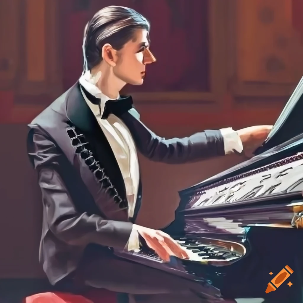 Elegant pianist in tuxedo playing at a grand concert hall