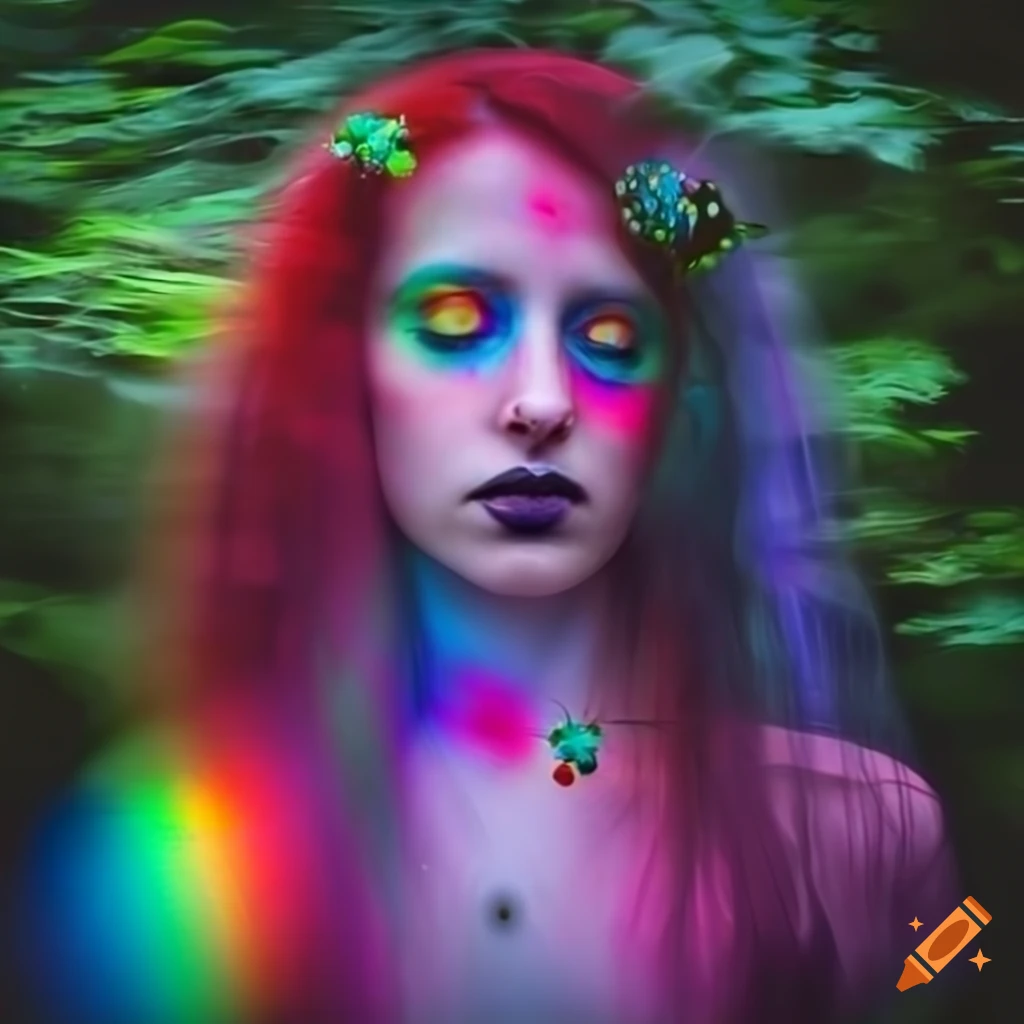 Surreal woman's face in a colorful and gothic forest setting