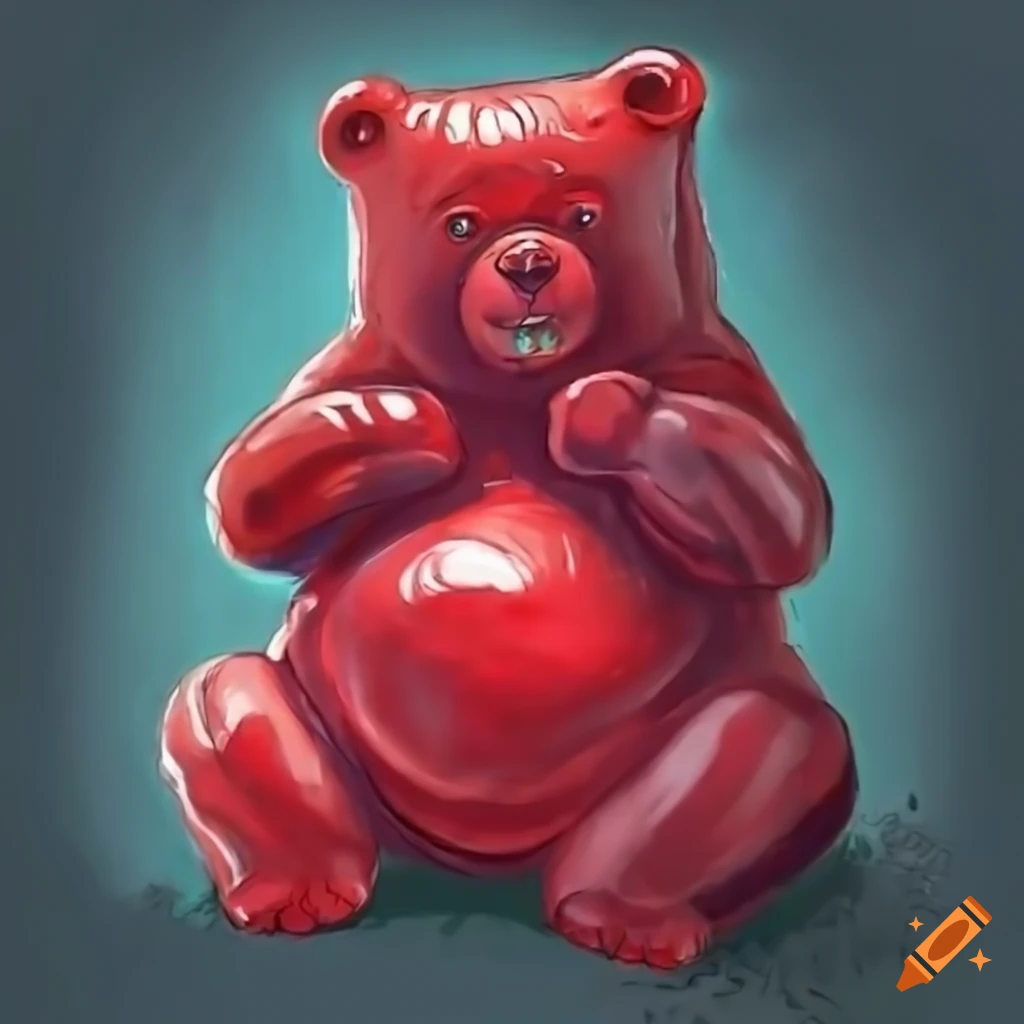 Giant shiny red gummy bear in a dark sci-fi corridor, anime artstyle