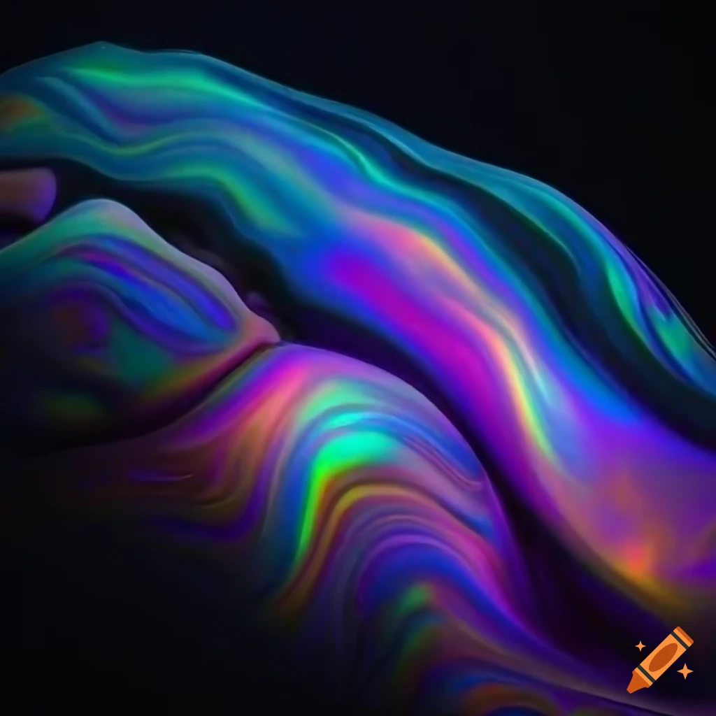 Iridescent liquid trickling down a dark surface like diamonds