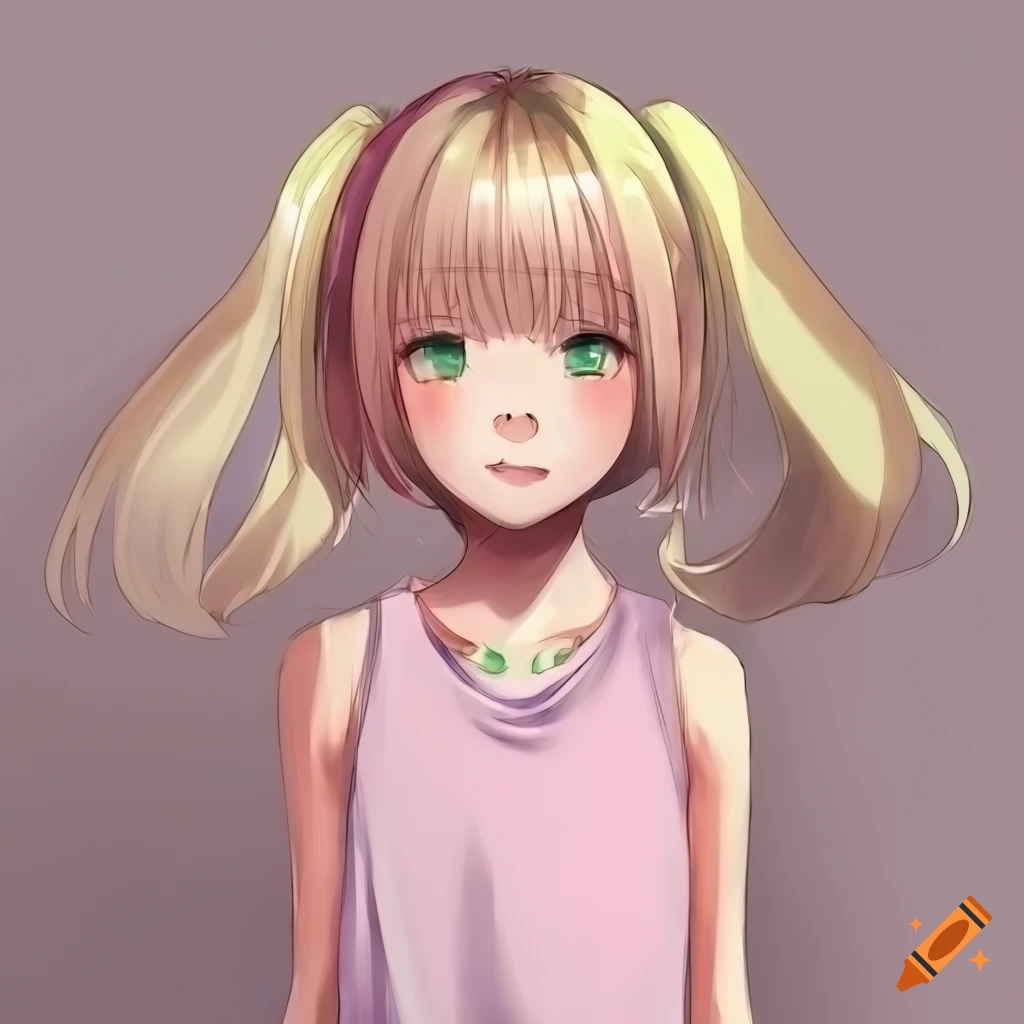 Anime girl with blonde hair, emerald green eyes, and pink shirt on Craiyon
