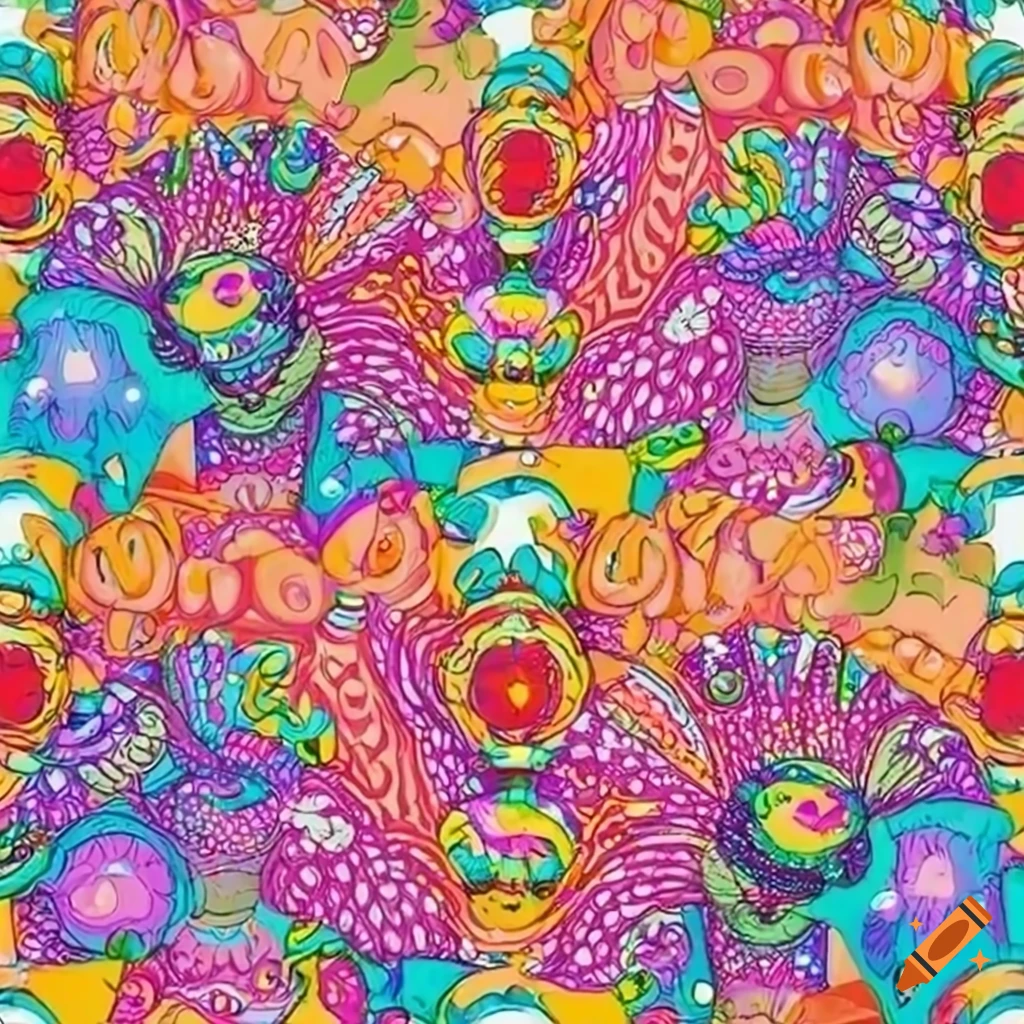 Happy aliens and colorful wildflowers in a geometric doodle pattern