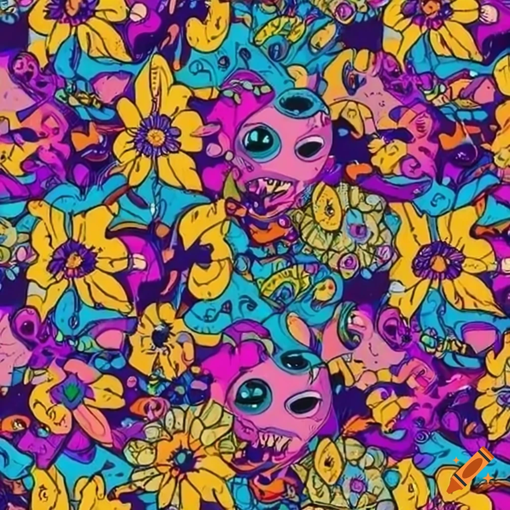 Happy aliens and colorful wildflowers in a geometric doodle pattern on ...