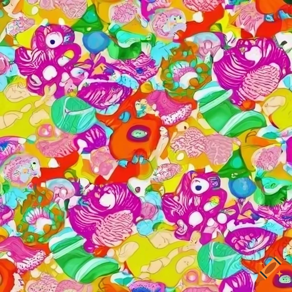 Happy aliens and colorful wildflowers in a geometric doodle pattern