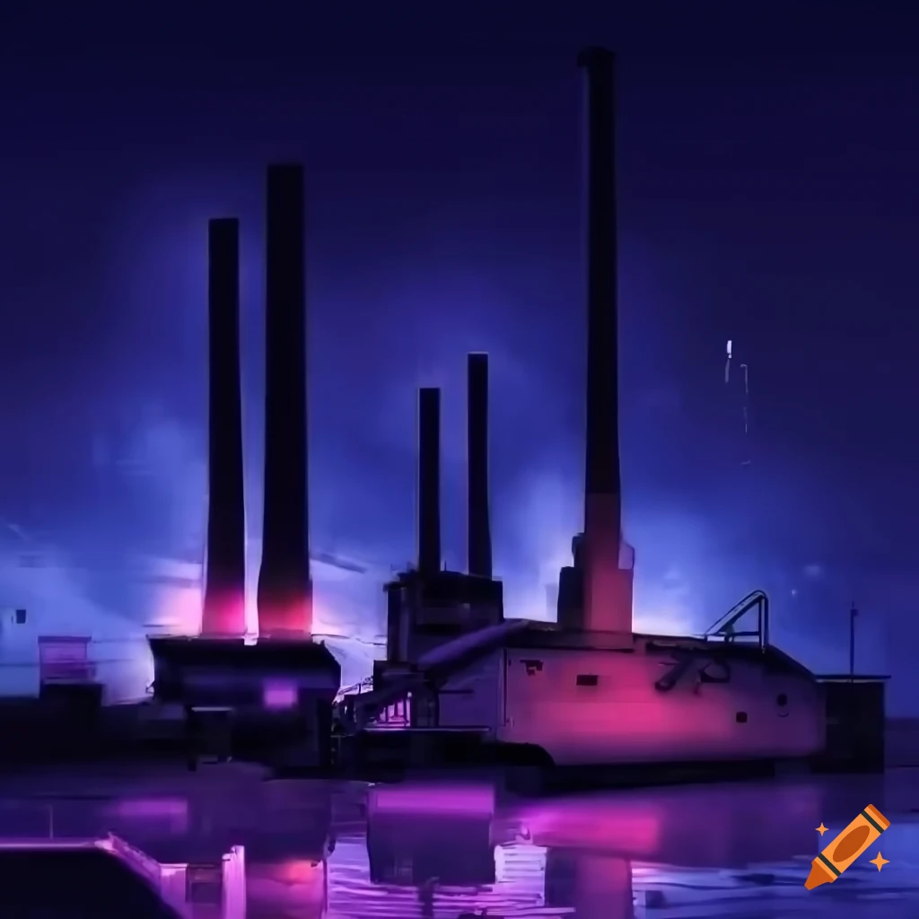 Night view of industrial factory with retrowave vibes