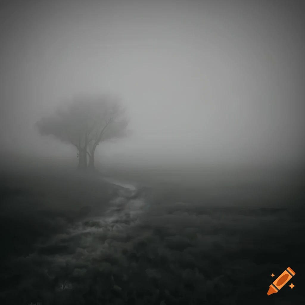 Foggy field with central gnarled stone pillar in a mysterious atmosphere