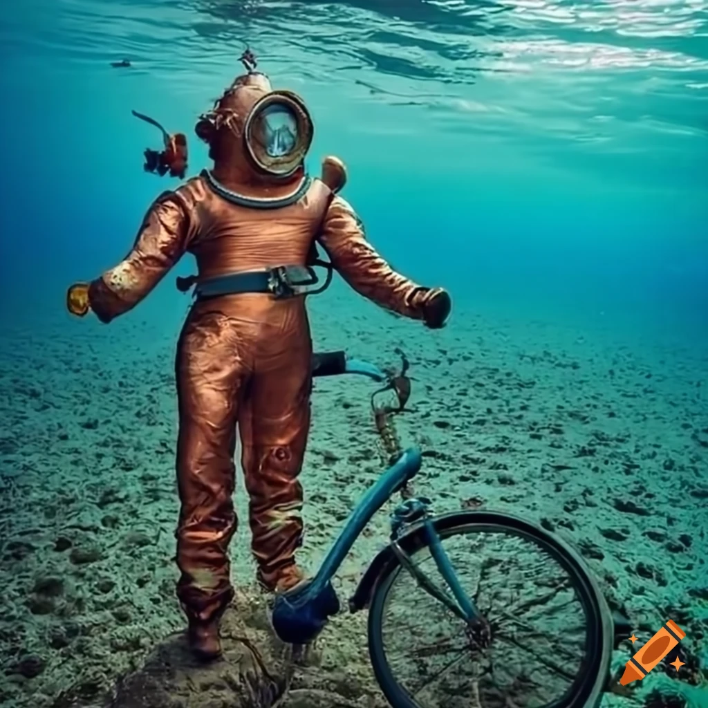 Old copper diving suit next to a bicycle underwater