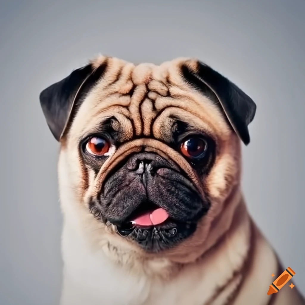 Close-up of a well-groomed pug on a white backdrop