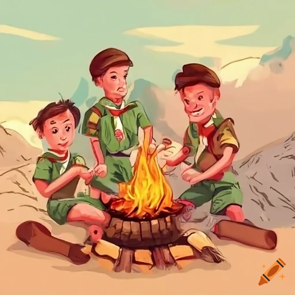 Scouts enjoying a traditional Austrian meal around a campfire in the mountains