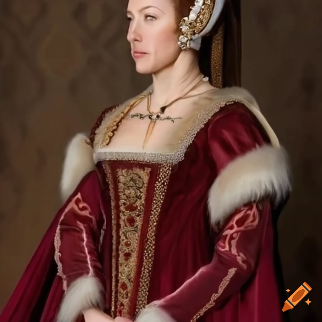 Renaissance queen in burgundy robe with fur sleeves and pearl necklaces