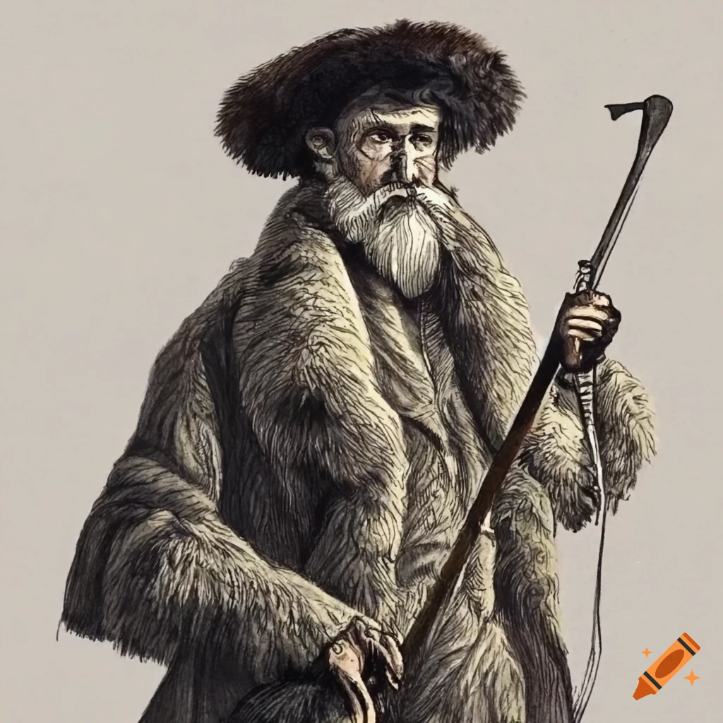 Pencil drawing of a bearded man in his 30s with a fur coat and an axe in a forest