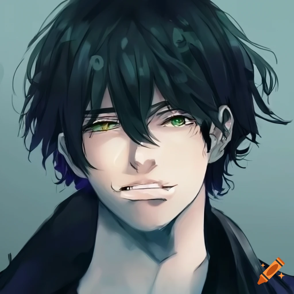 Anime style handsome man with green eyes and black hair on Craiyon