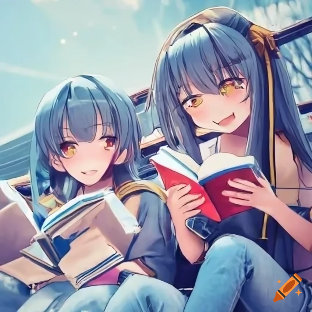 Cheerful anime girls reading books at a crowded harbor quay