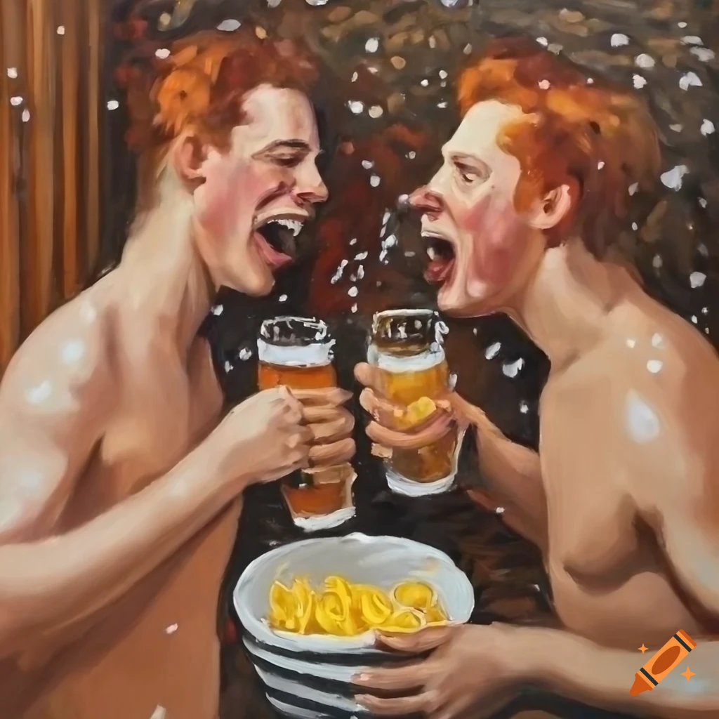 Two friends enjoying a sauna in wintry weather with chips and wheat beer