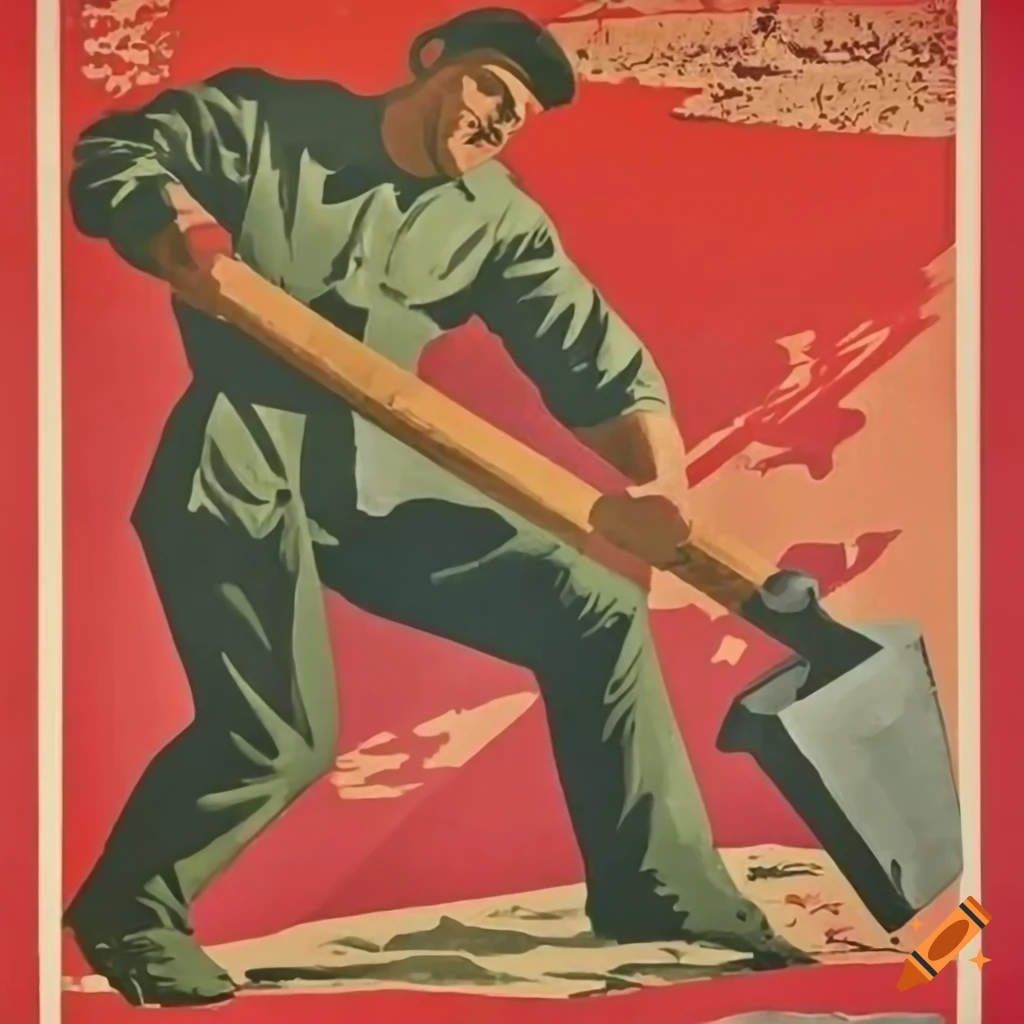 Soviet era propaganda poster with heroic archaeologist in ancient ruins
