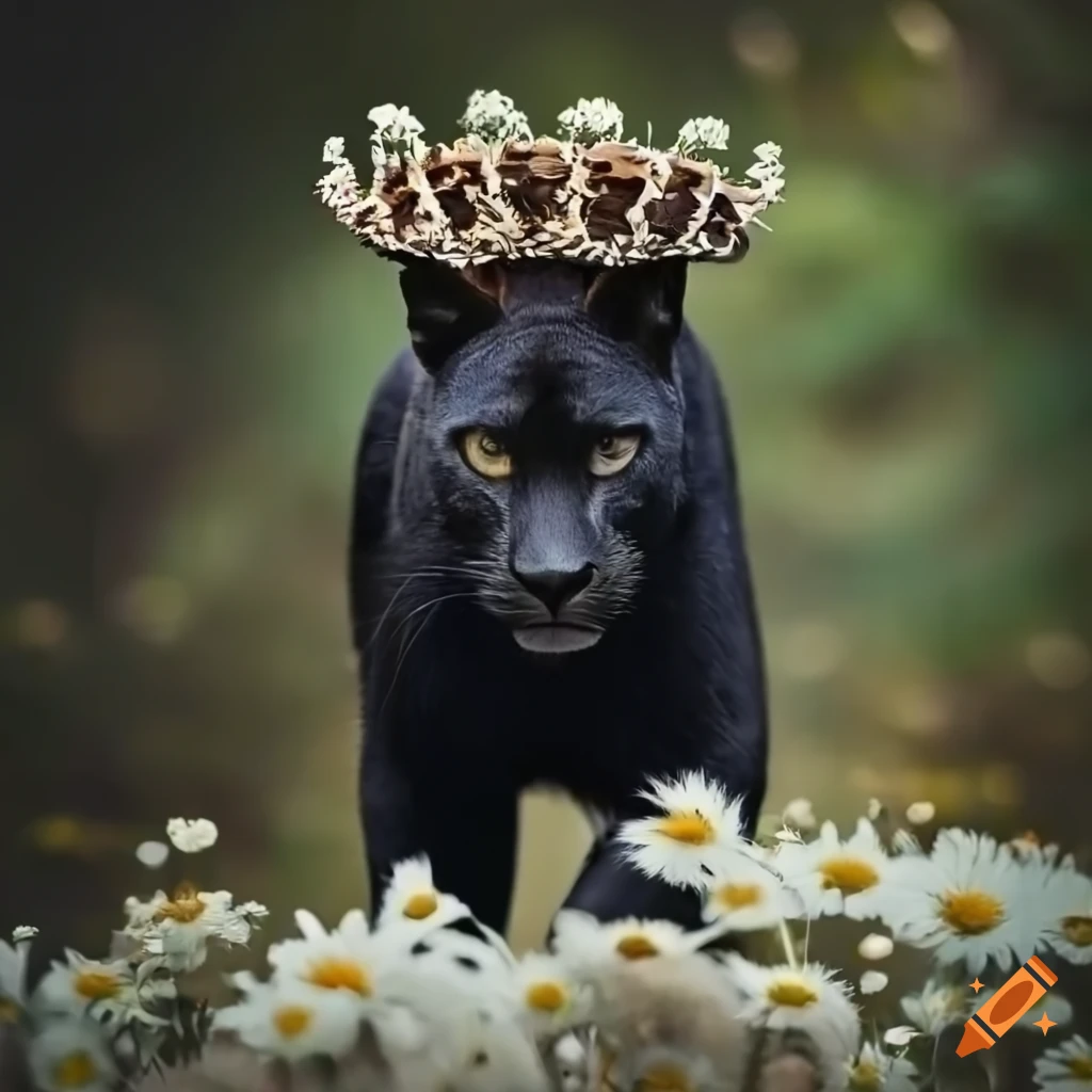 Black jaguar with a crown walking in a field of white chrysanthemums