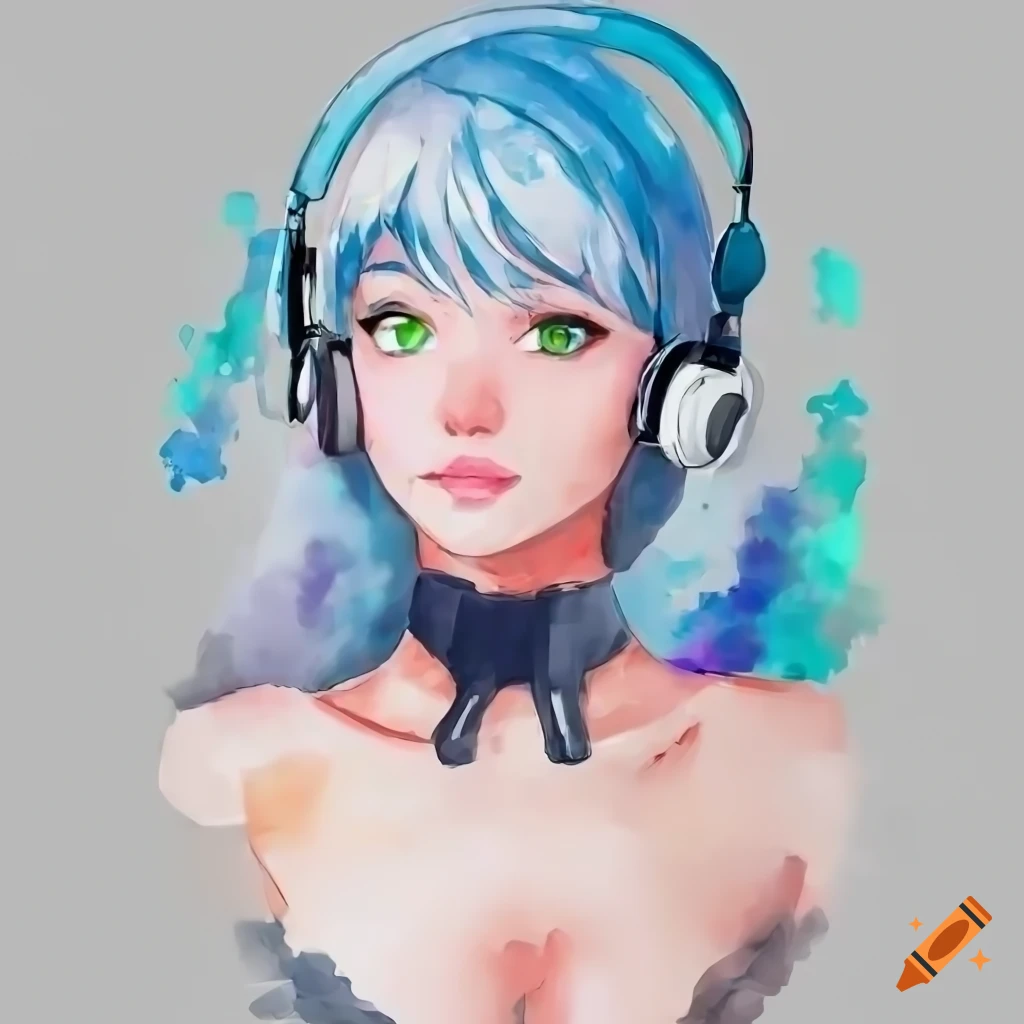 Anime girl with green eyes, long white hair in a bun, wearing a black bodysuit and headset
