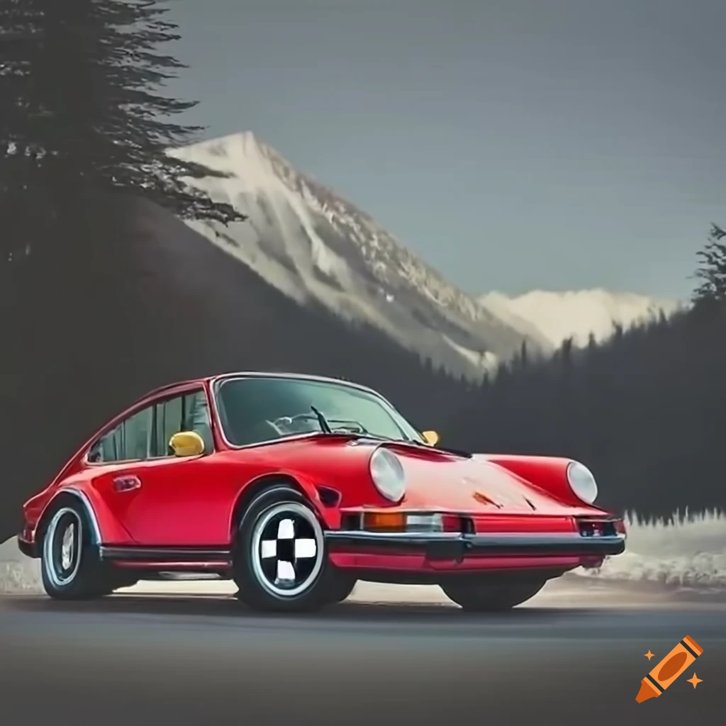 1977 Porsche 911 with red paint, magnesium alloy wheels, forest and snowy mountain backdrop