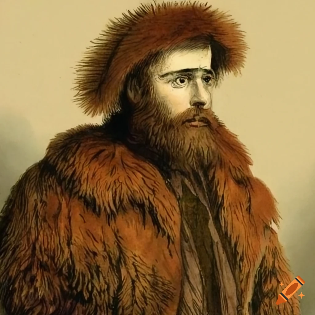 Pencil drawing of a bearded man in his 30s with a fur coat and an axe in a forest
