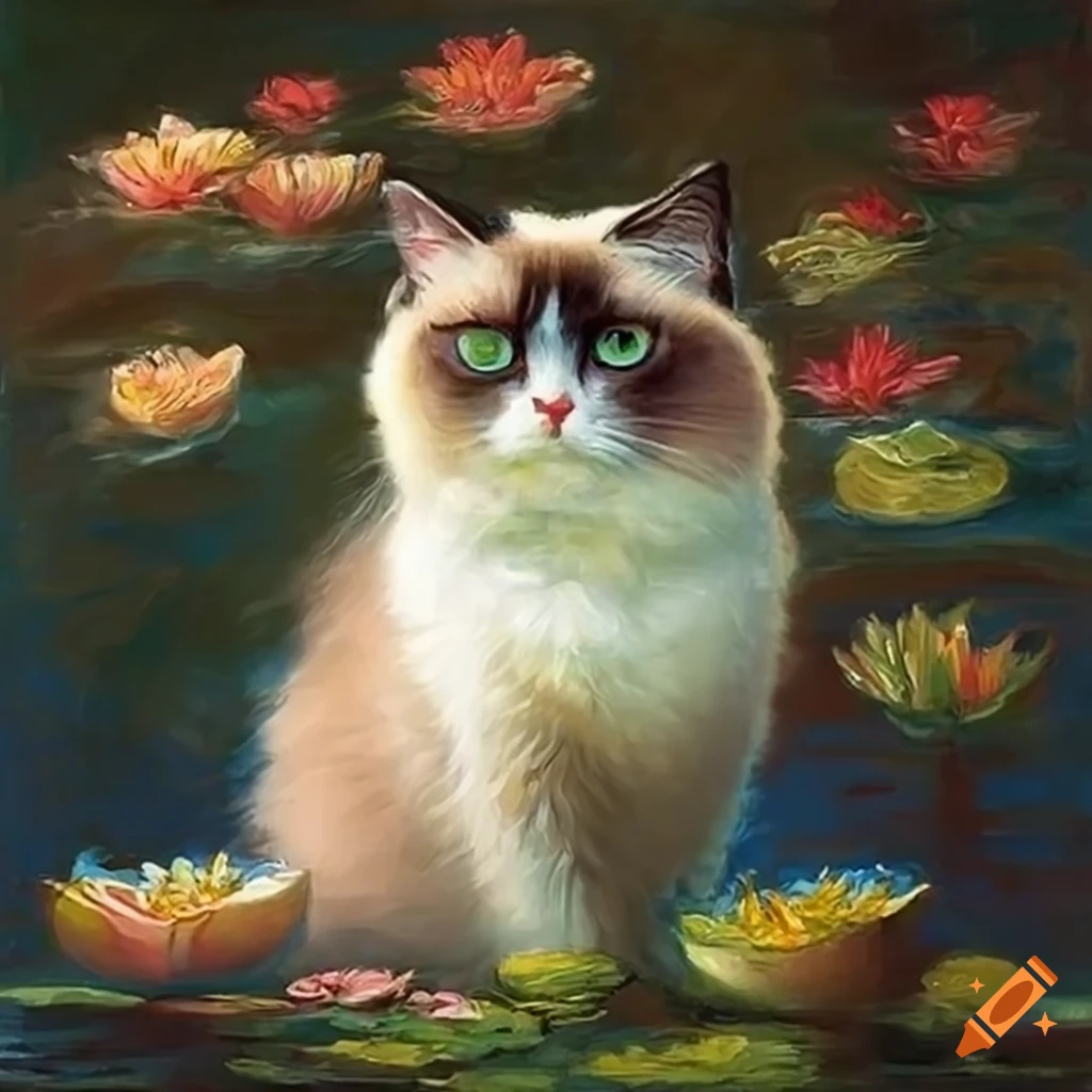 Ragdoll cat on the japanese bridge in claude monet's water lilies ...