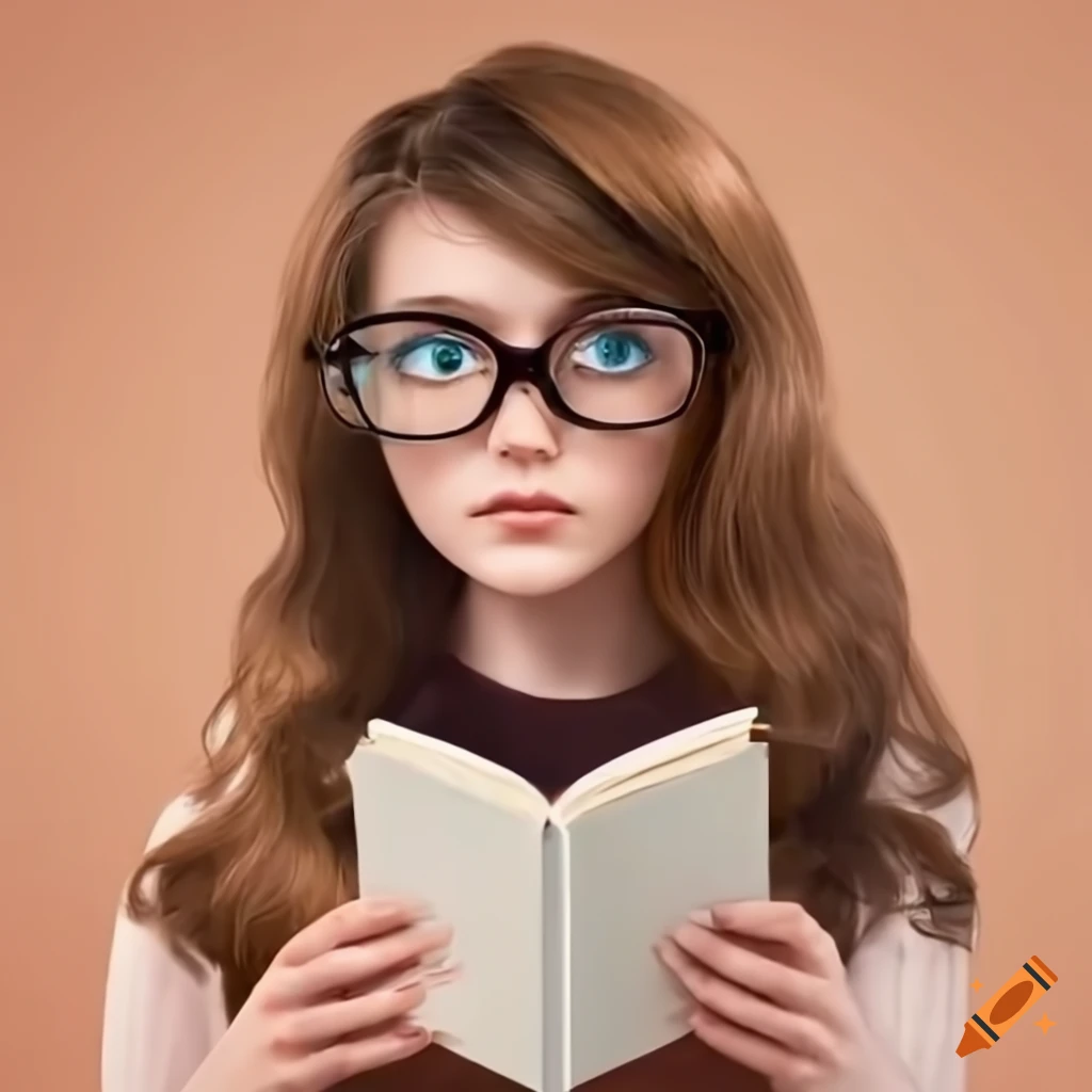 Girl with wavy brown hair and big glasses reading a book on Craiyon