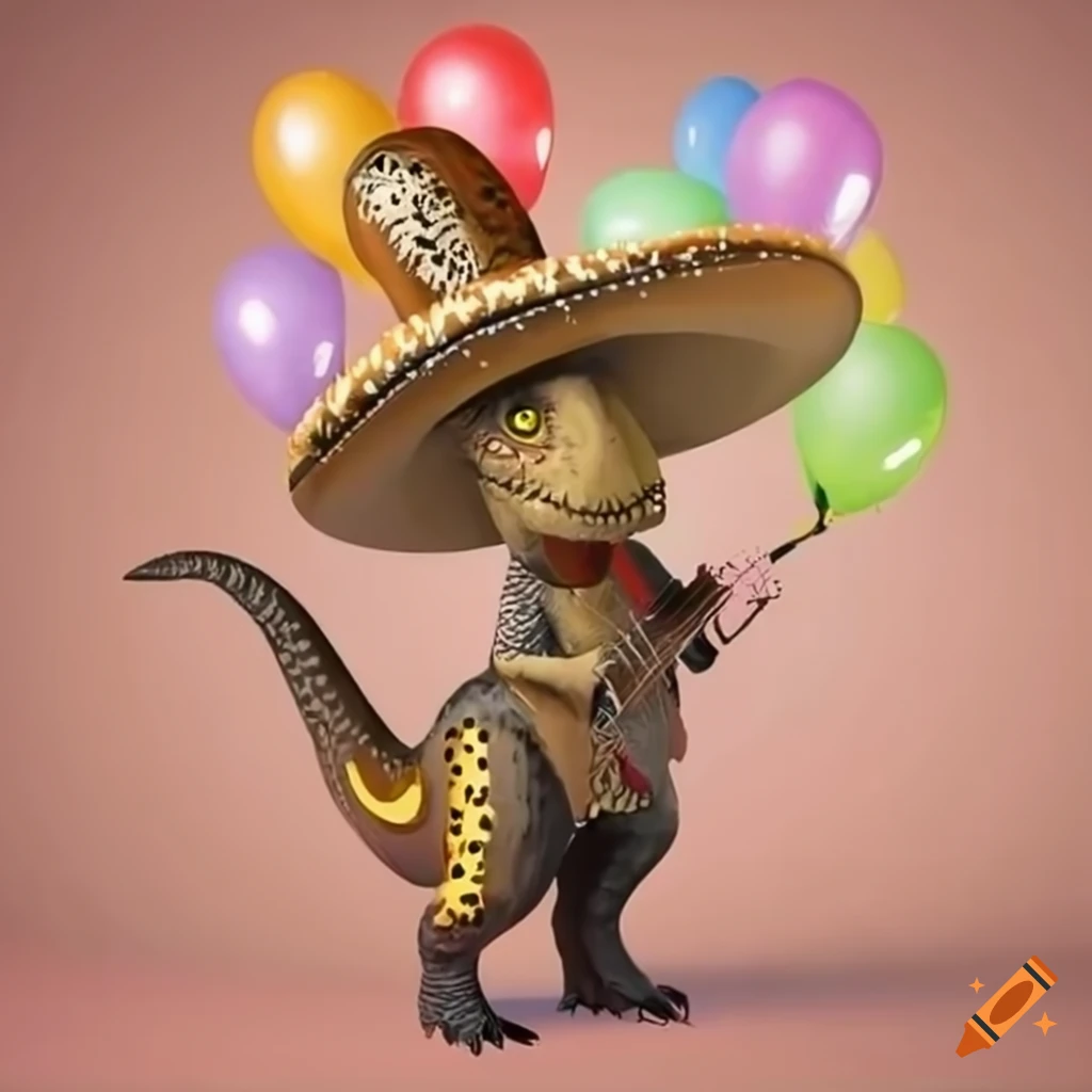 Realistic dinosaur wearing mariachi hat surrounded by colorful balloons