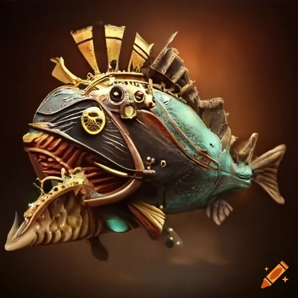 Steampunk machine with animal pirate hybrid fish