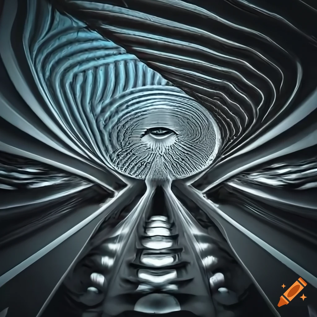 Penrose labyrinth building with spiny eyes in surreal black and white architecture