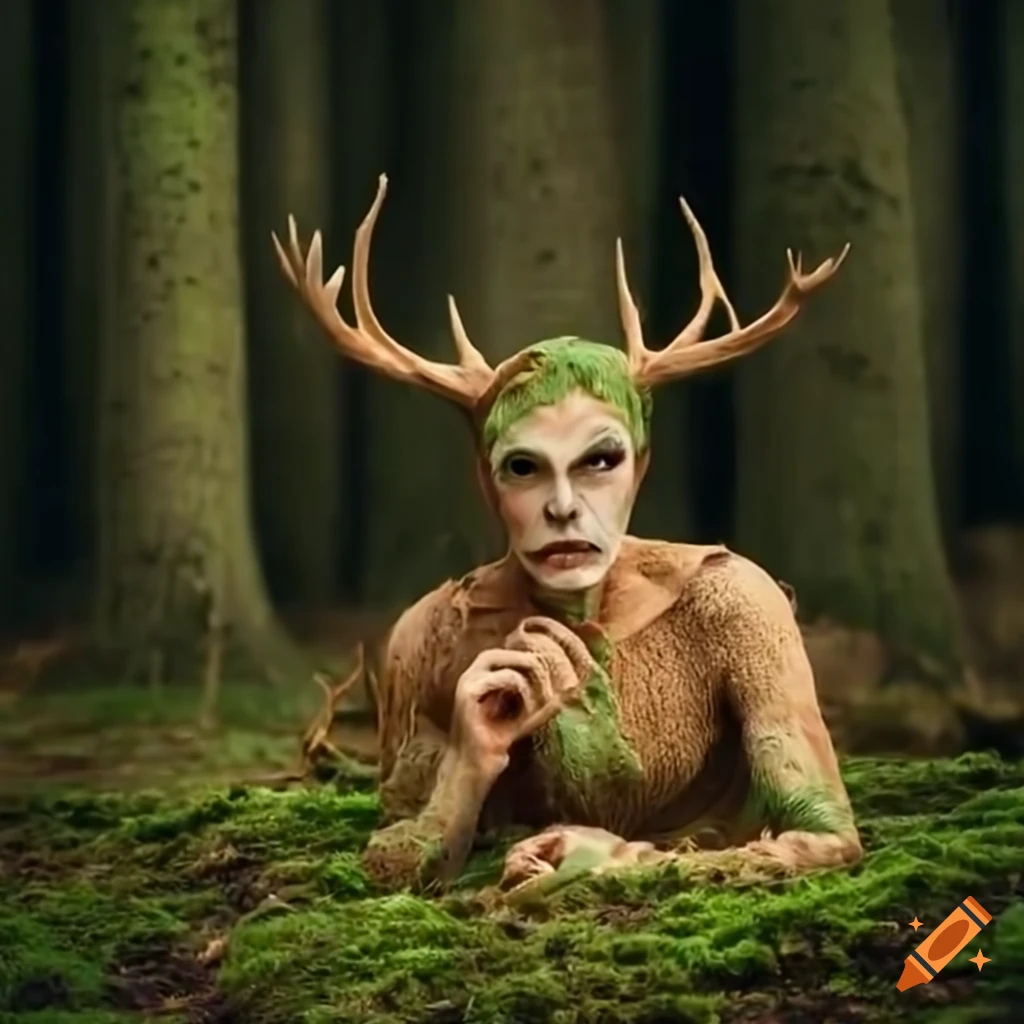 Human-like deer around a moss-covered man in a forest setting on Craiyon