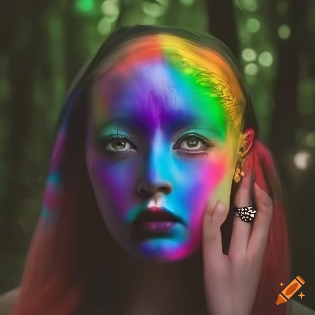 Surreal woman's face in a colorful and gothic forest setting