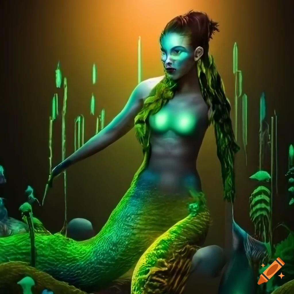 Biopunk cityscape with moss, plants, mushrooms, crystals, and cyborg mermaid goddesses