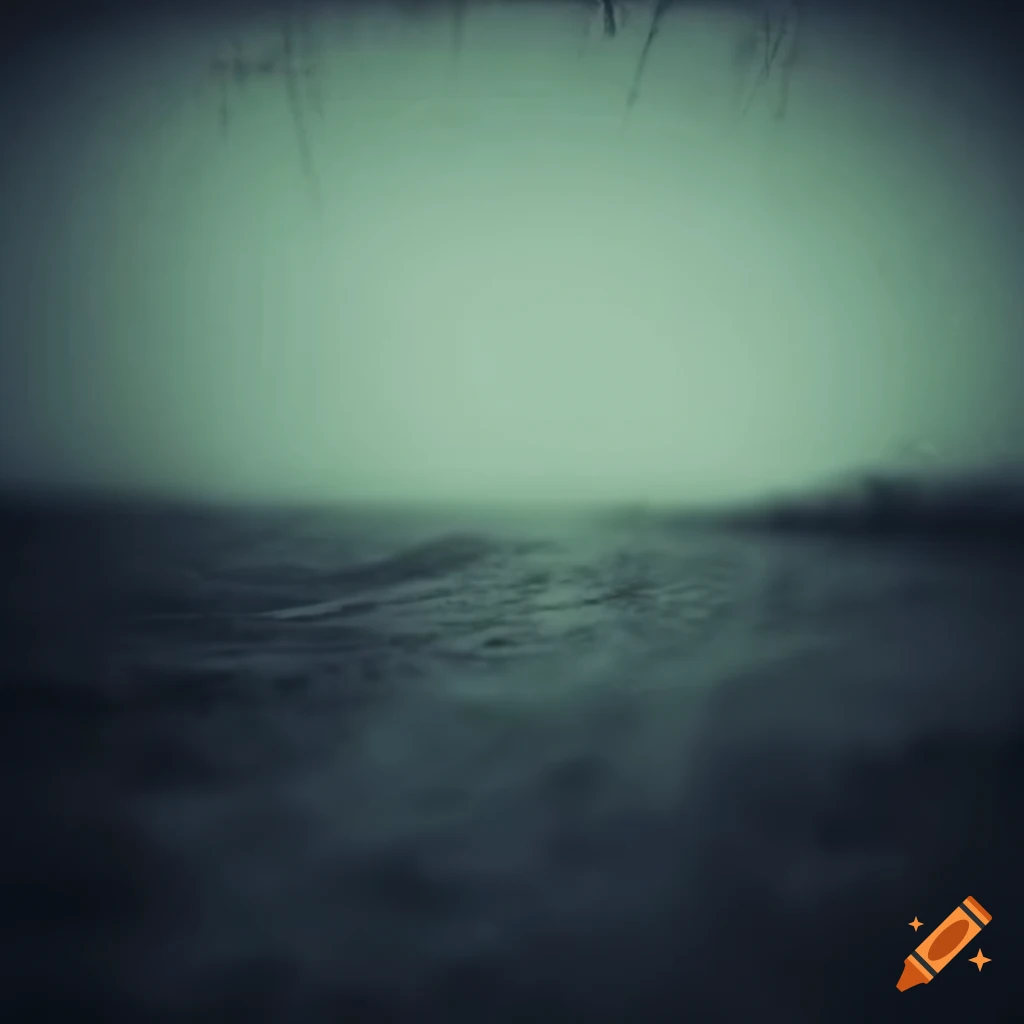 Vintage old film photograph of eerie landscape at dusk with shards of light