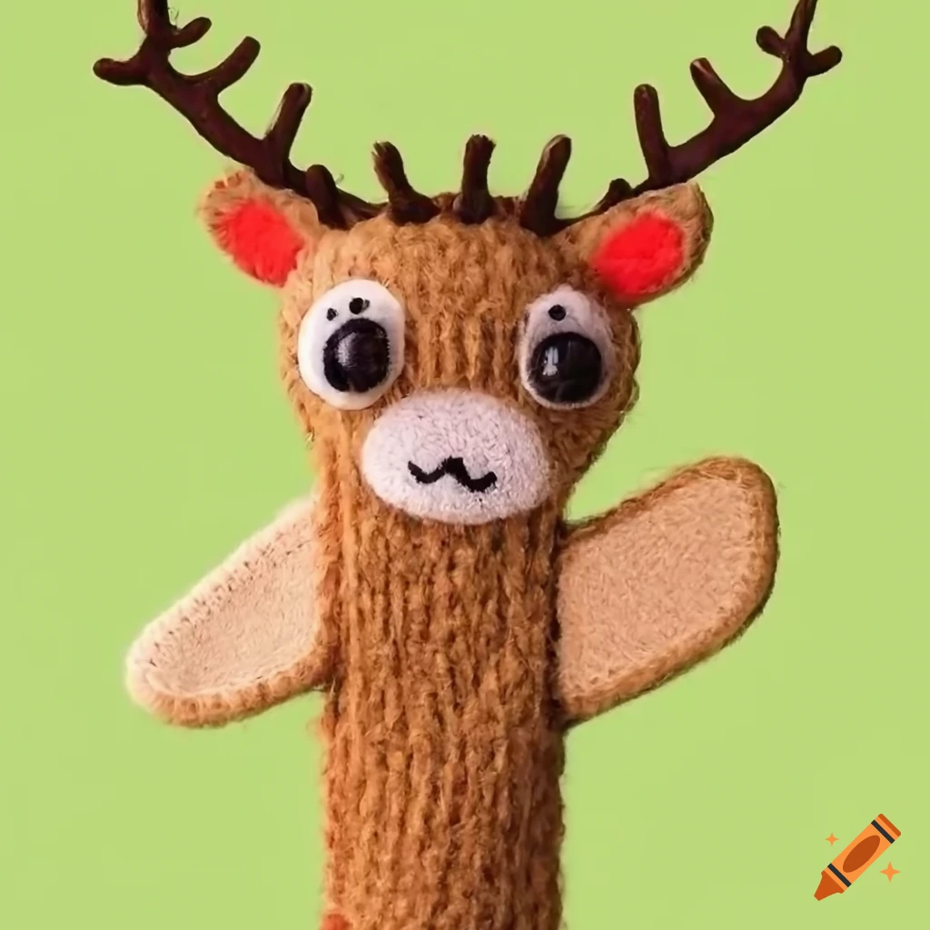 Handcrafted felt and wool finger puppet of a young deer with antlers