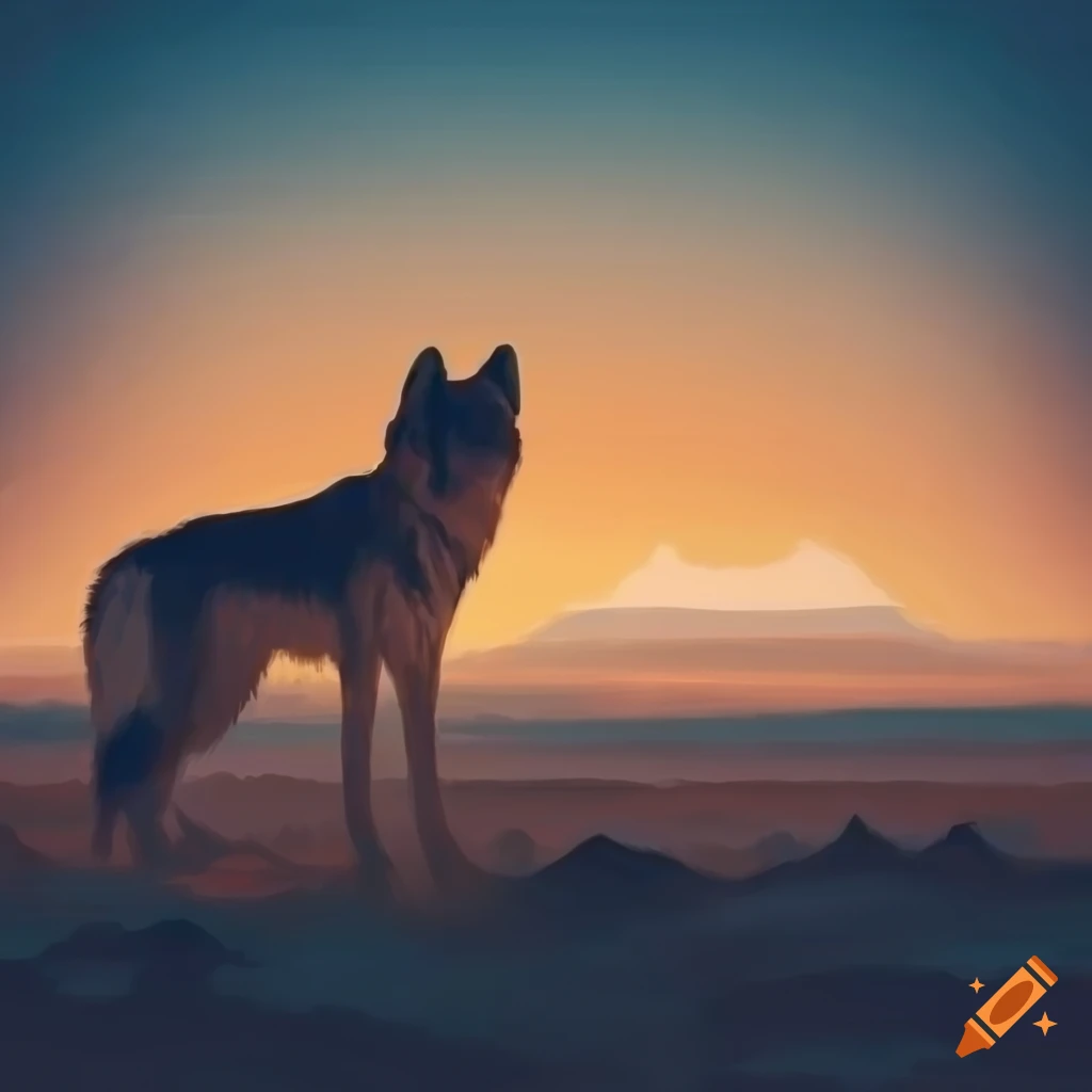 Grey wolf and Navajo boy in prairie landscape under smoky sunset skies in Navajo art style