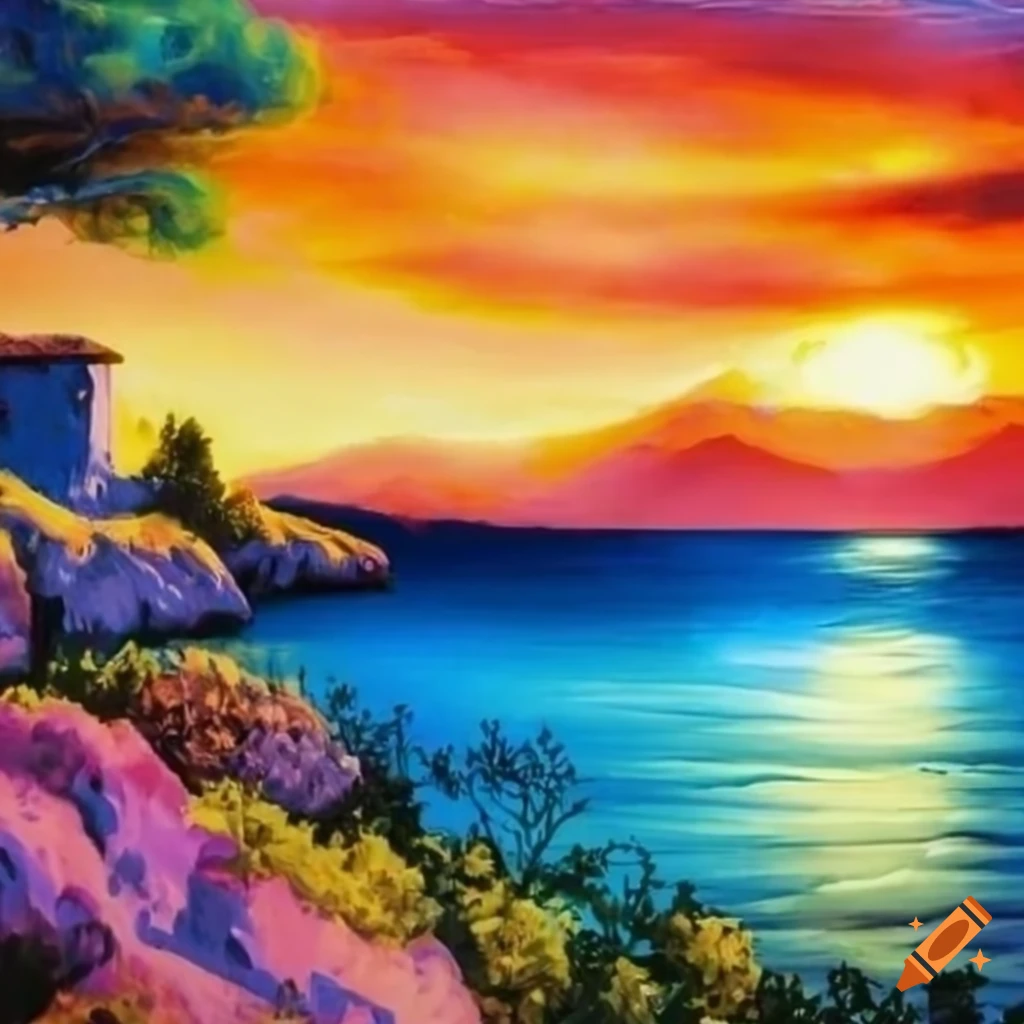 Colorful diamond wall art depicting a mediterranean landscape in beautiful scenery by Bob Ross