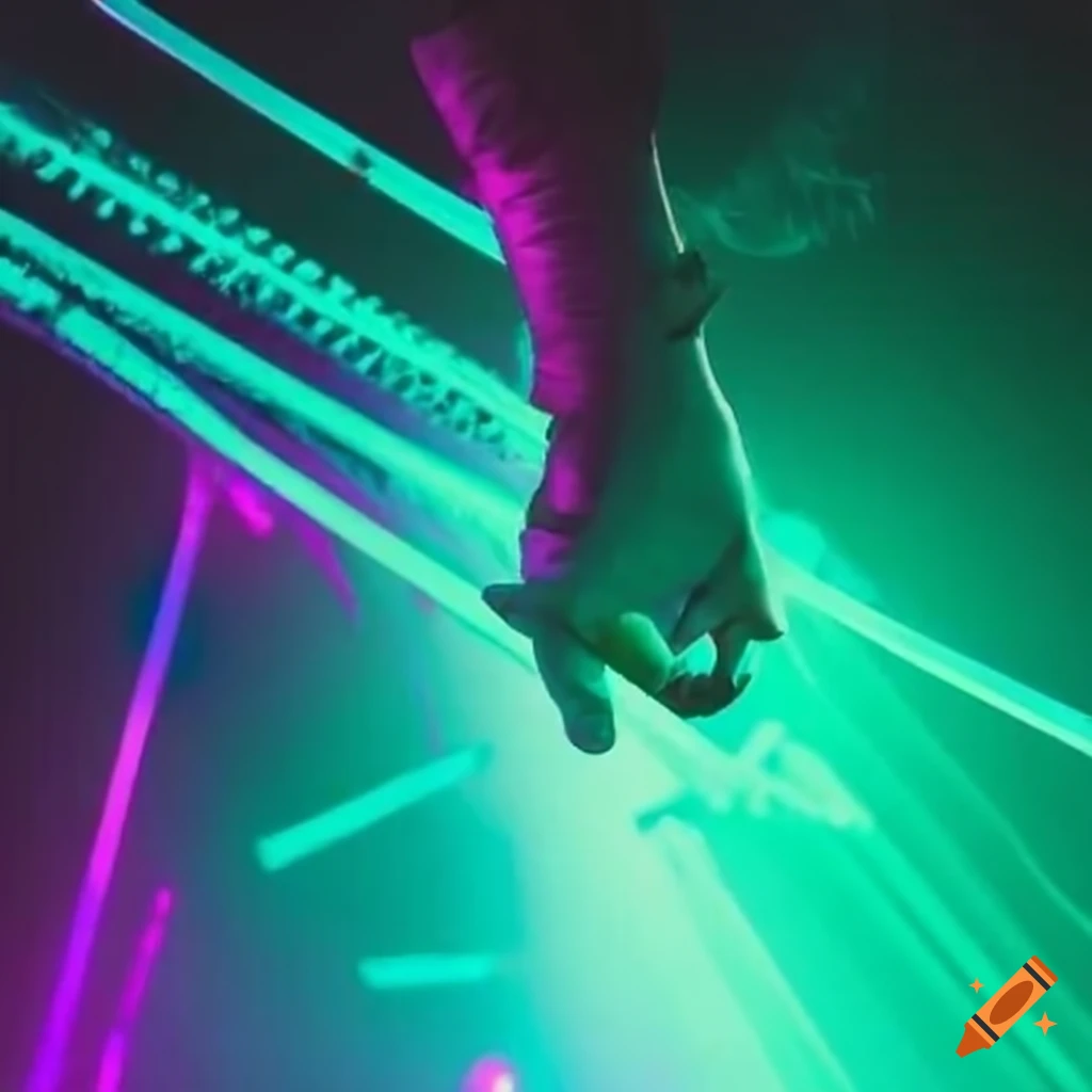 Ravers with glowsticks and white gloves at a warehouse rave