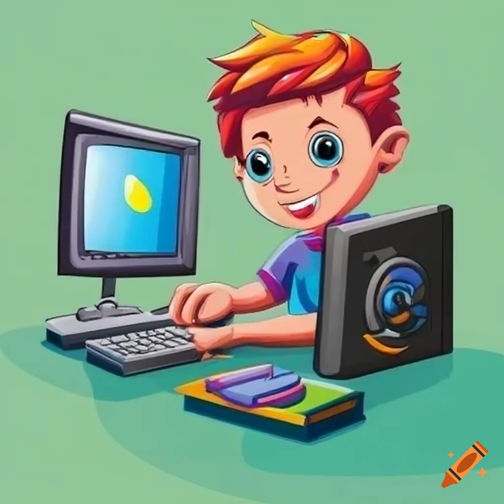 Boy playing computer games in a cartoon illustration on Craiyon