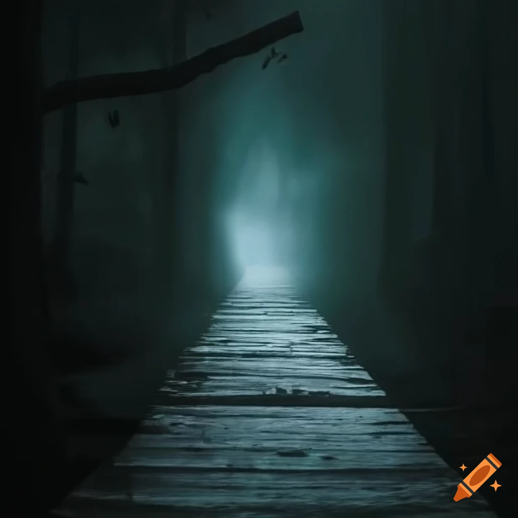 Eerie liminal space with a wooden bridge leading into darkness