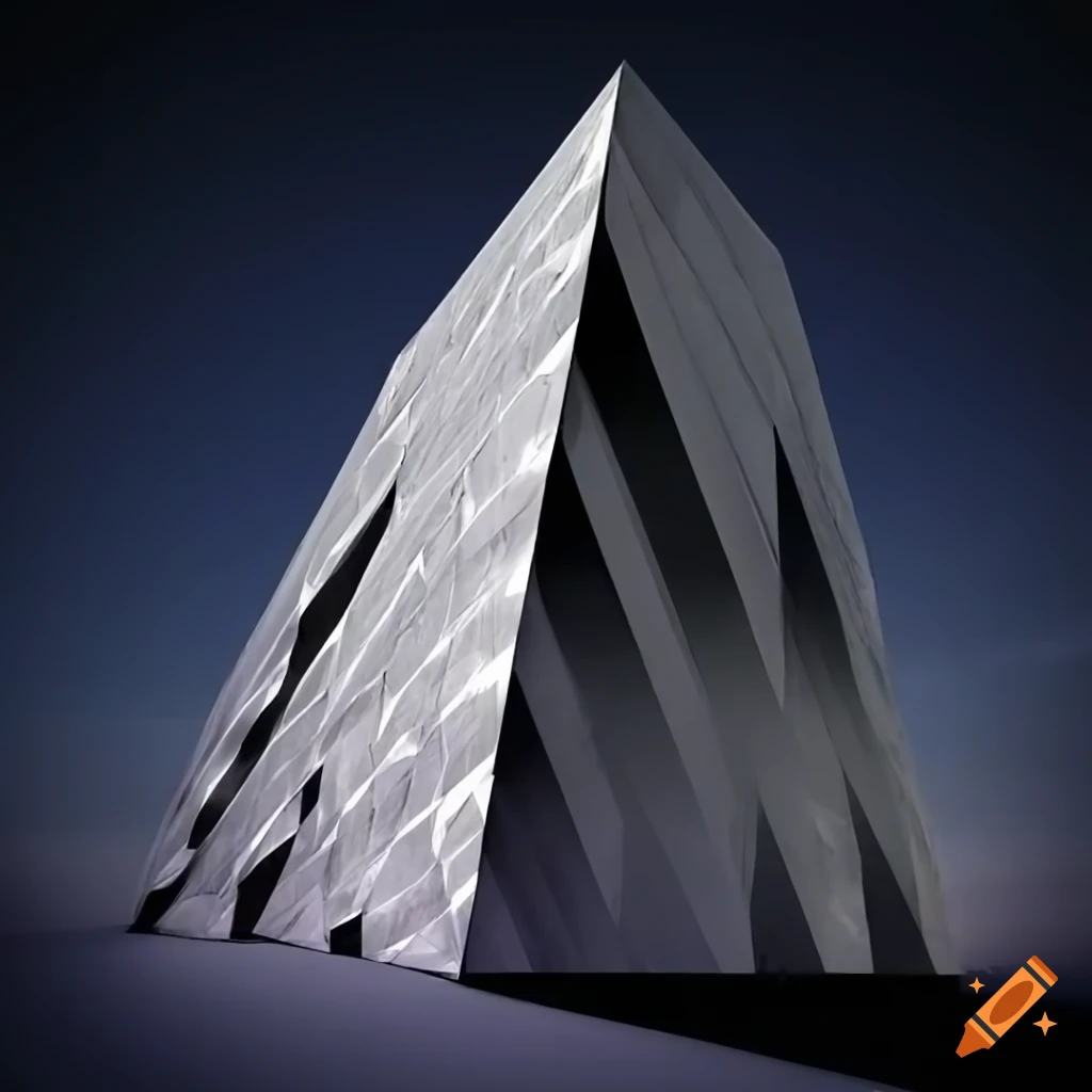 Black spiny-eyed triangular metallic building with Penrose triangles optical illusion in white and black architecture