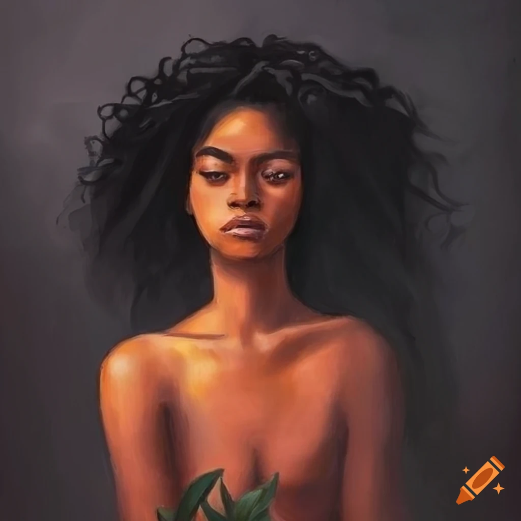 Minimalistic painting of a black woman with long hair and a flower