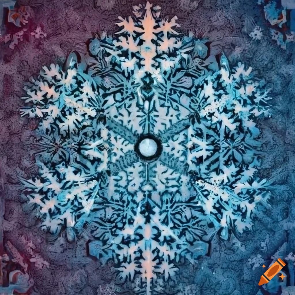 Snowflake patterns creating a religious symbol in the winter sky
