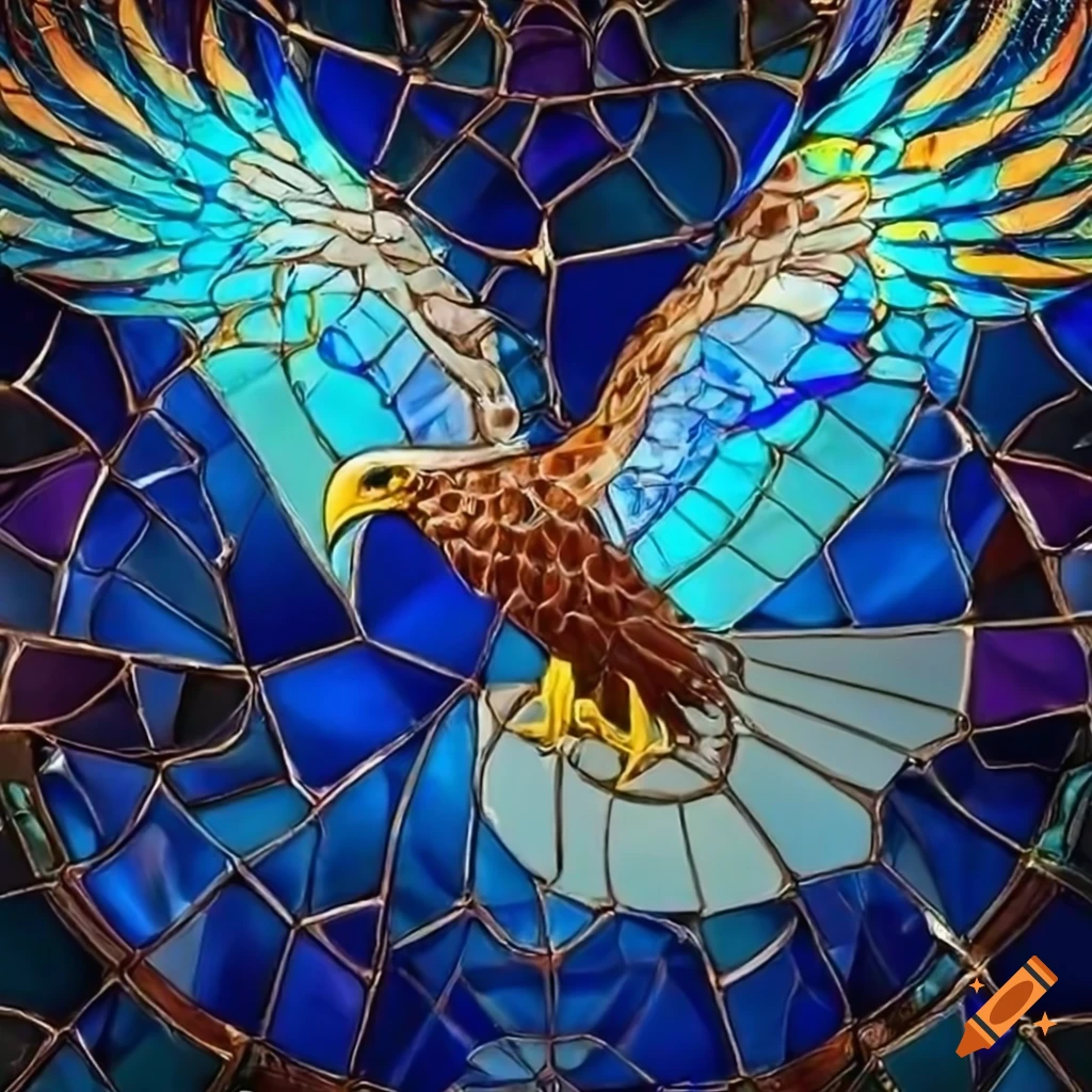 Intricately designed stained glass eagle with holographic blue effects